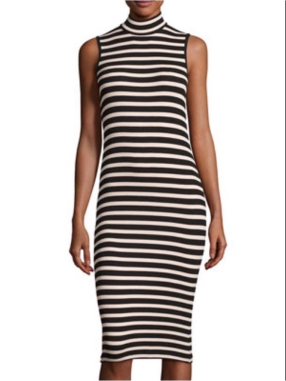 ATM Sleeveless Ribbed Black and Pink Striped Mock Turtleneck Midi Dress